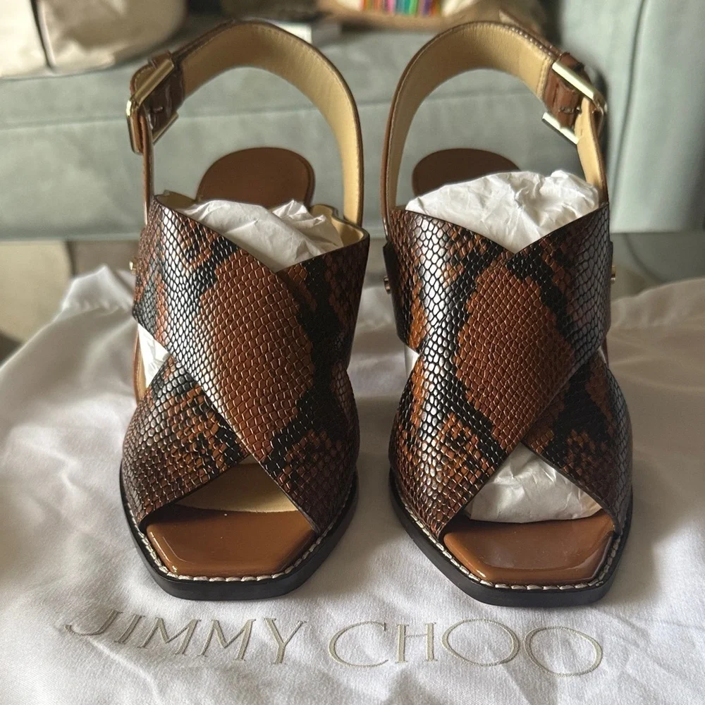 NWT Jimmy Choo Aix 85 Snake Printed Leather Sandals in Cuoio, Size 35.5